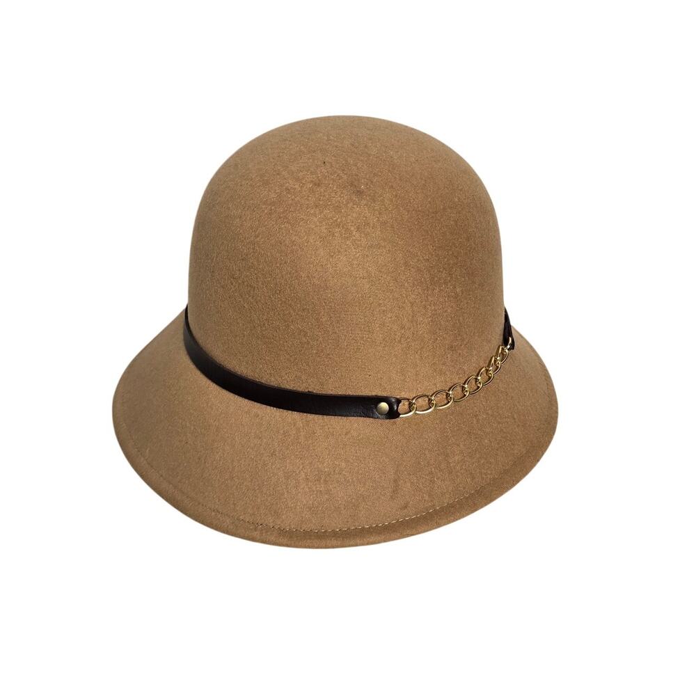 Cato Camel Brown Cloche Hat Gold Chain Faux Leather Band One Size